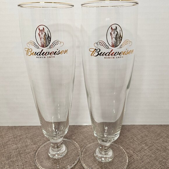 Set of 2 Vintage Budweiser Since 1876 Pilsner Beer Glasses Gold Rimmed And Lette - Picture 1 of 7